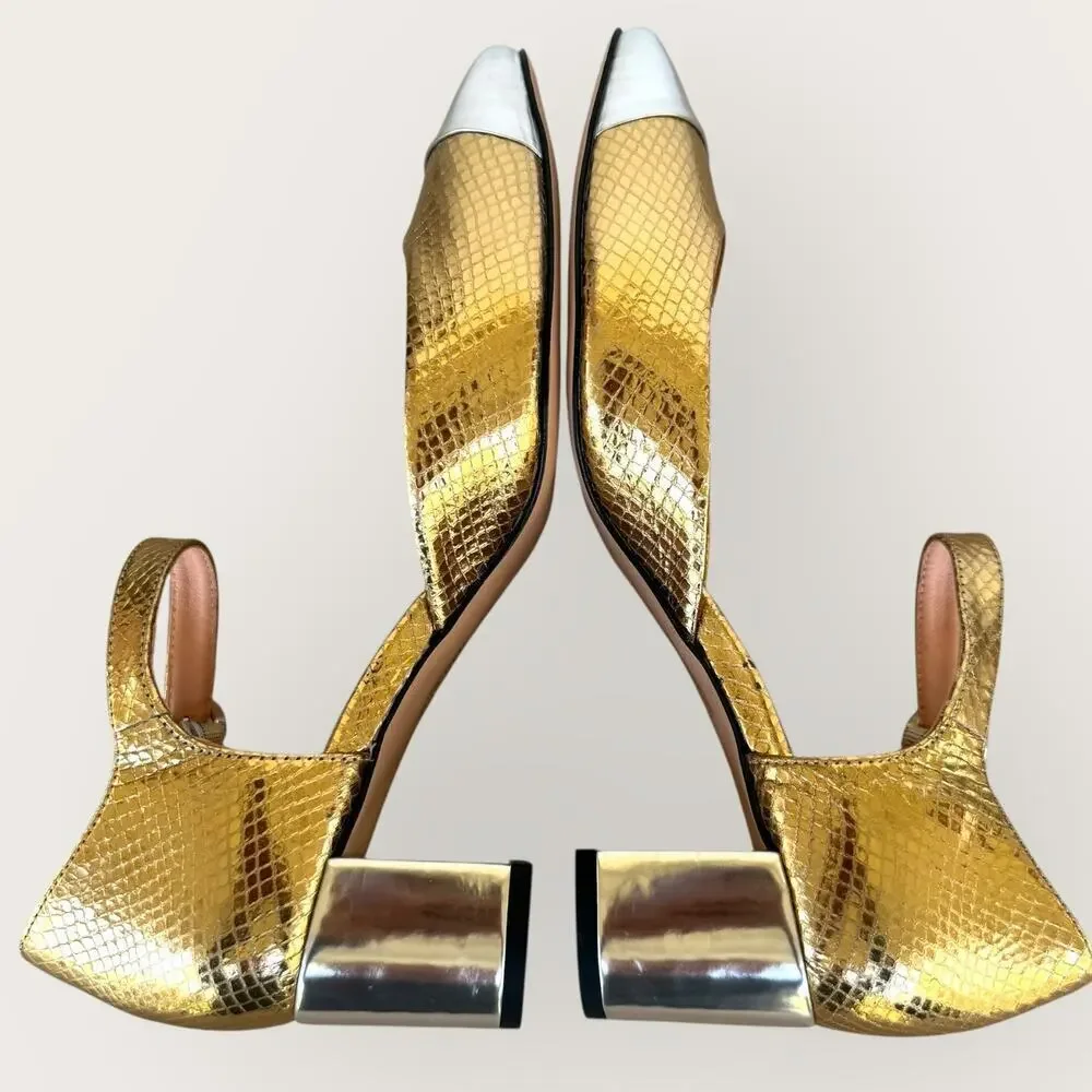 J. Crew Ankle Strap Heels Shoes Snake Embossed Leather Womens 8 Gold Silver